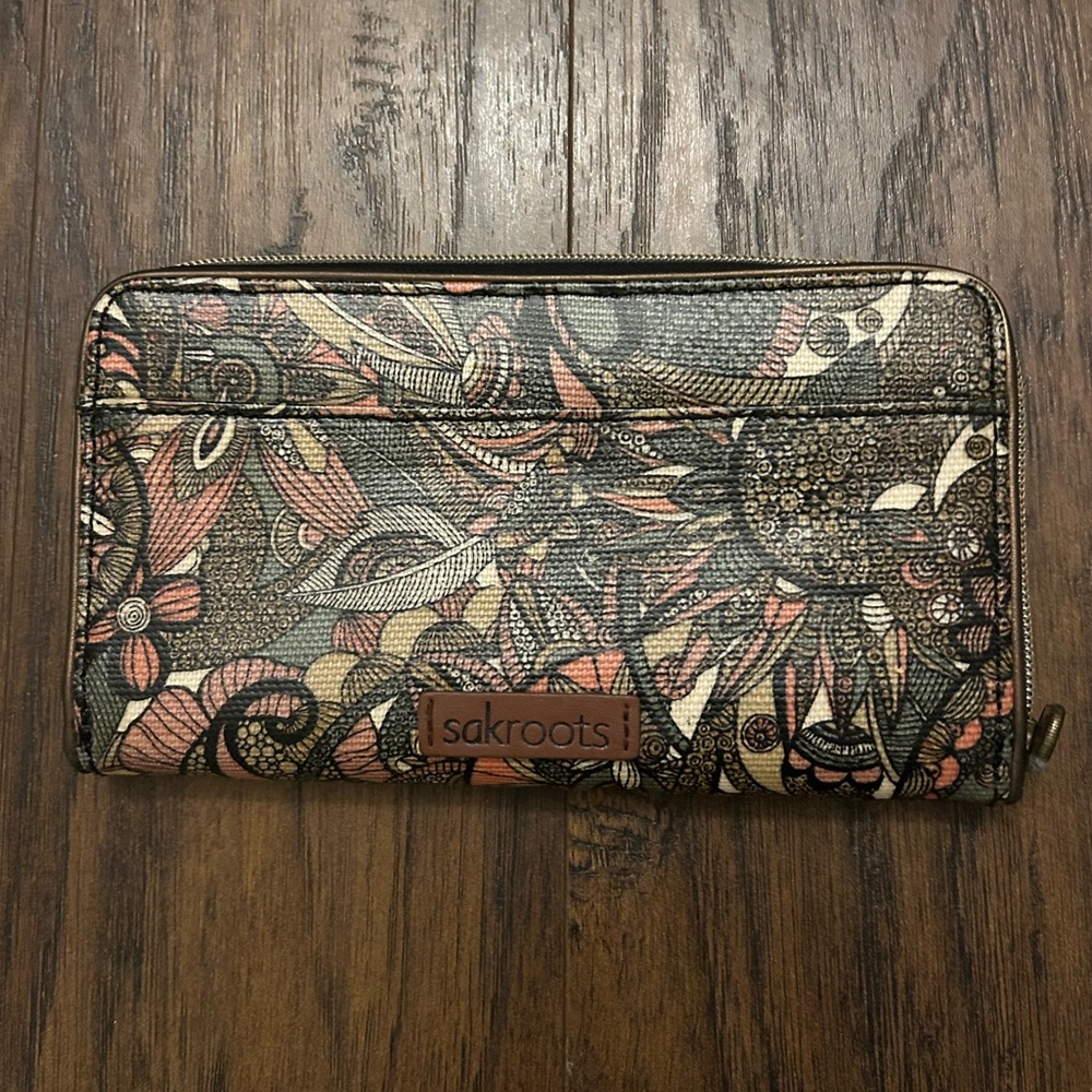Sakroots Artistic Multicolor Coated Canvas Fabric Wallet with Brown Trim